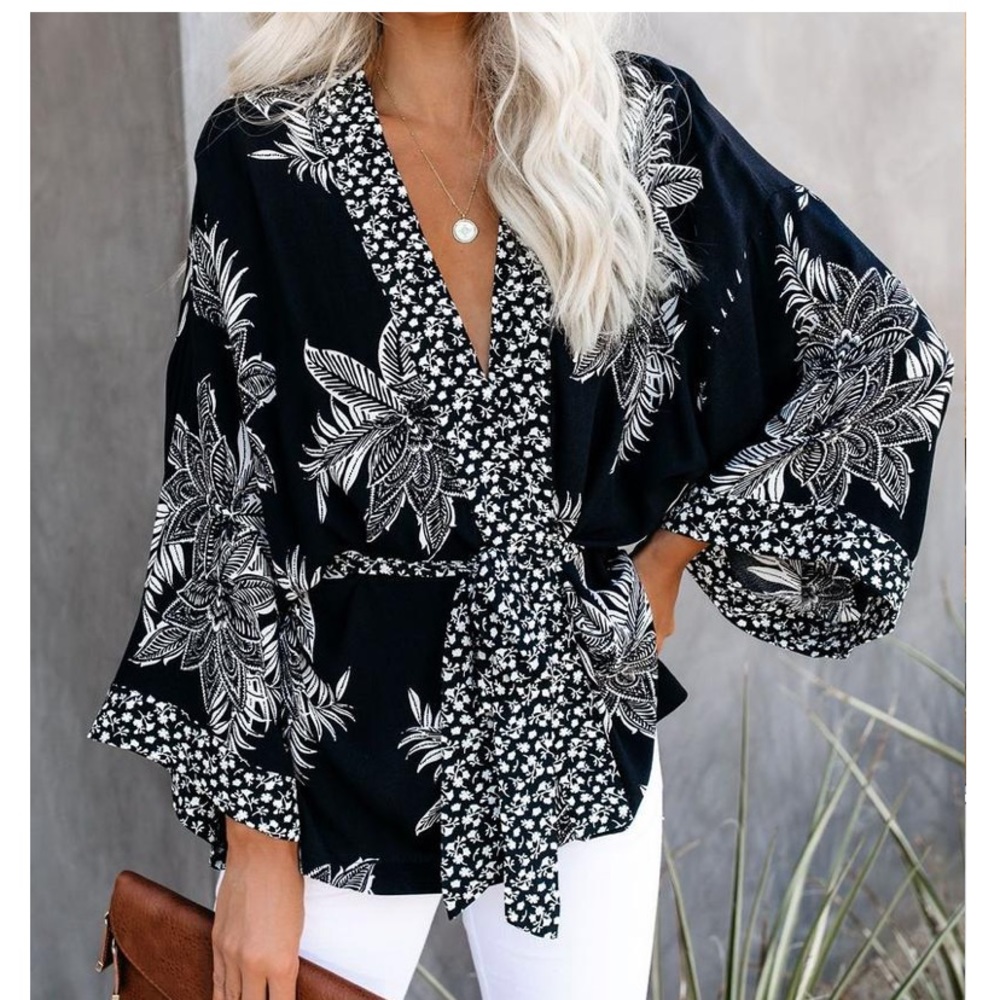 Long Beach Floral Kimono Wrap Top - Size S